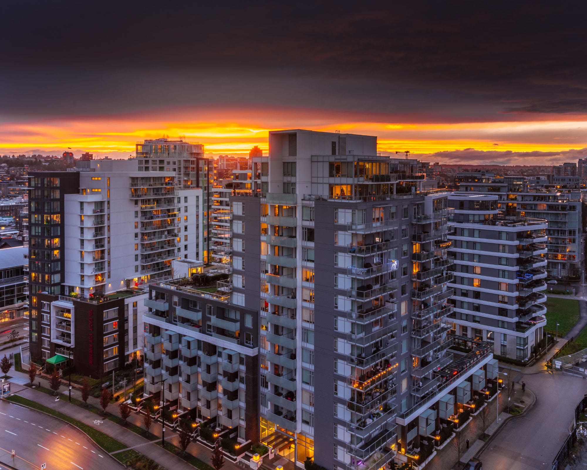 Metro Vancouver apartment towers at sunset